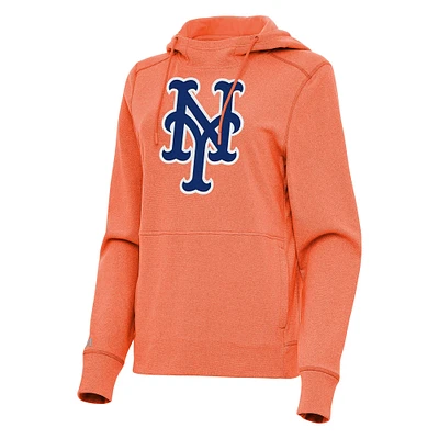 Women's Antigua Heather Orange New York Mets Justice Pullover Hoodie