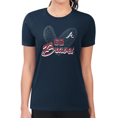 Women's G-III 4Her by Carl Banks Navy Atlanta Braves Super-Slim Fit Lightweight Leopard Heart T-Shirt