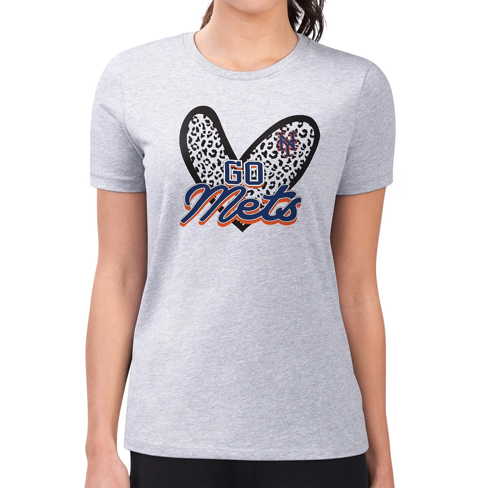 Women's G-III 4Her by Carl Banks Heather Gray New York Mets Super-Slim Fit Lightweight Leopard Heart T-Shirt