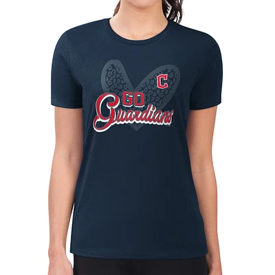 Women's G-III 4Her by Carl Banks Navy Cleveland Guardians Super-Slim Fit Lightweight Leopard Heart T-Shirt