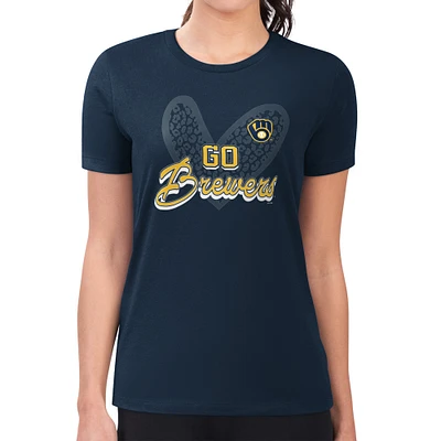 Women's G-III 4Her by Carl Banks Navy Milwaukee Brewers Super-Slim Fit Lightweight Leopard Heart T-Shirt