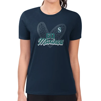 Women's G-III 4Her by Carl Banks Navy Seattle Mariners Super-Slim Fit Lightweight Leopard Heart T-Shirt