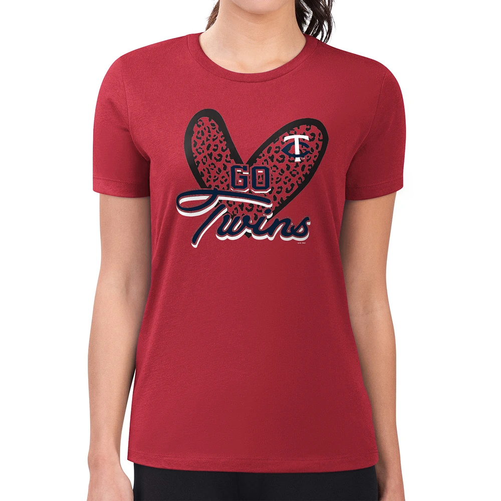 Women's G-III 4Her by Carl Banks Red Minnesota Twins Super-Slim Fit Lightweight Leopard Heart T-Shirt