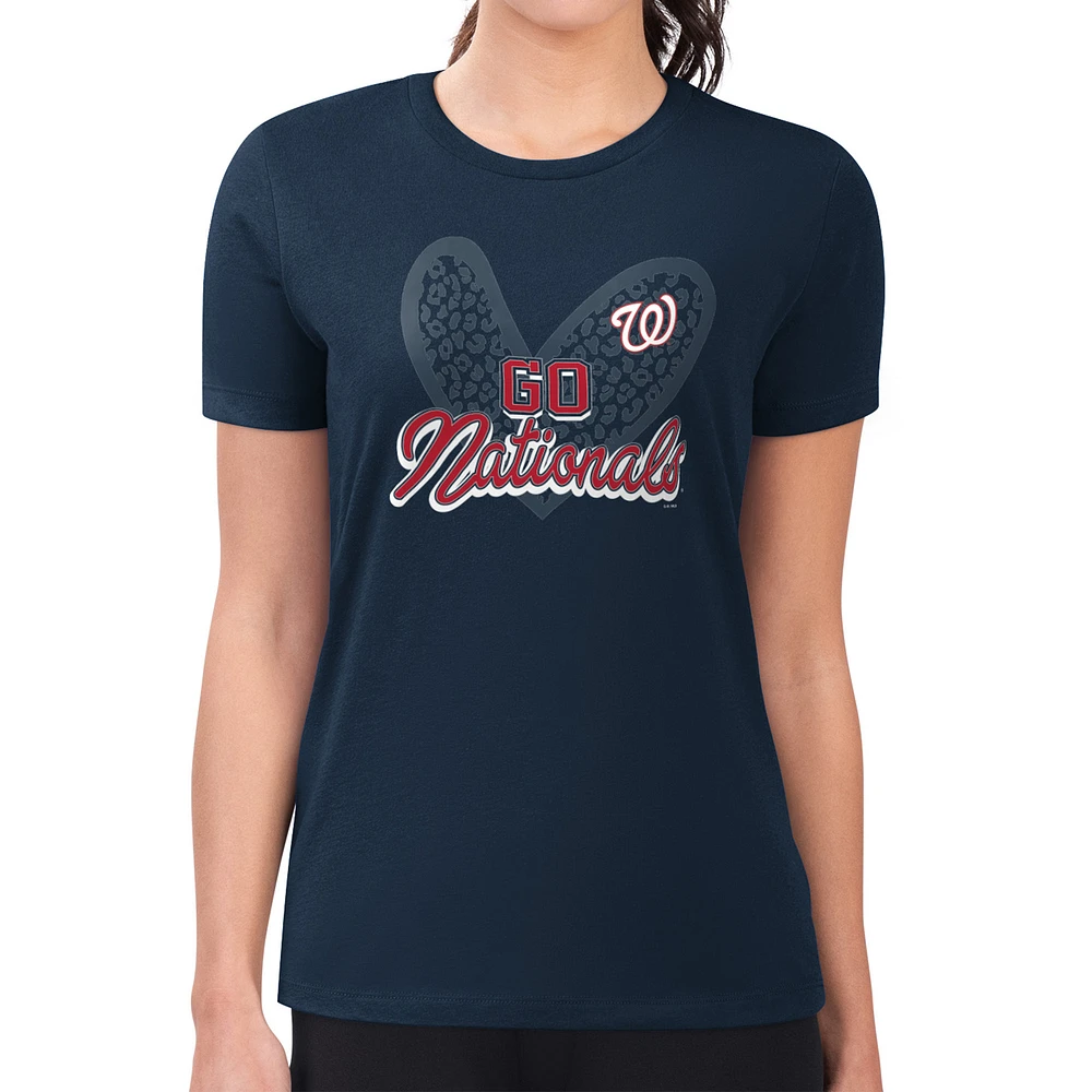 Women's G-III 4Her by Carl Banks Navy Washington Nationals Super-Slim Fit Lightweight Leopard Heart T-Shirt