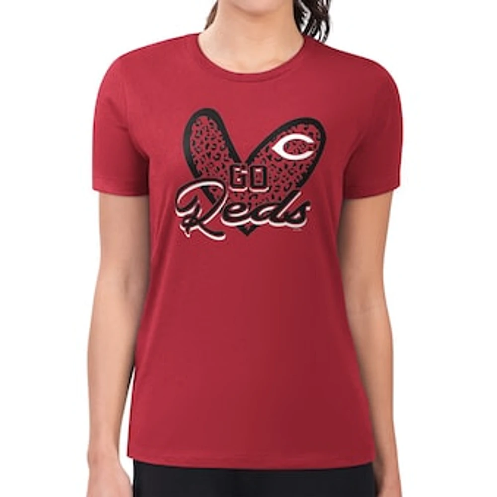 Women's G-III 4Her by Carl Banks Cincinnati Reds Super-Slim Fit Lightweight Leopard Heart T-Shirt