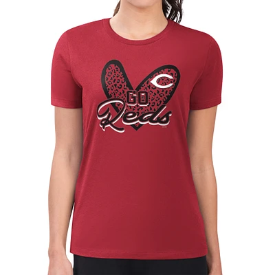 Women's G-III 4Her by Carl Banks Cincinnati Reds Super-Slim Fit Lightweight Leopard Heart T-Shirt