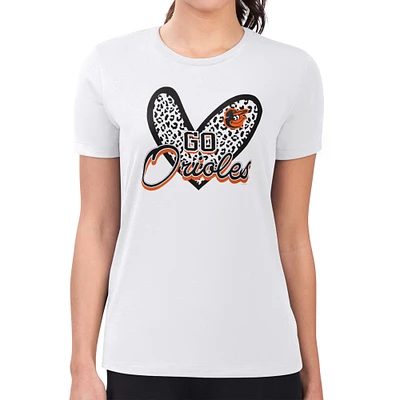 Women's G-III 4Her by Carl Banks White Baltimore Orioles Super-Slim Fit Lightweight Leopard Heart T-Shirt