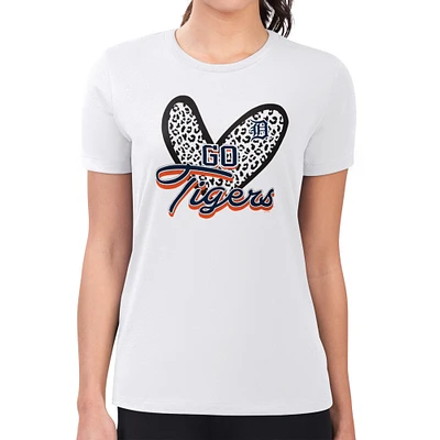 Women's G-III 4Her by Carl Banks White Detroit Tigers Super-Slim Fit Lightweight Leopard Heart T-Shirt