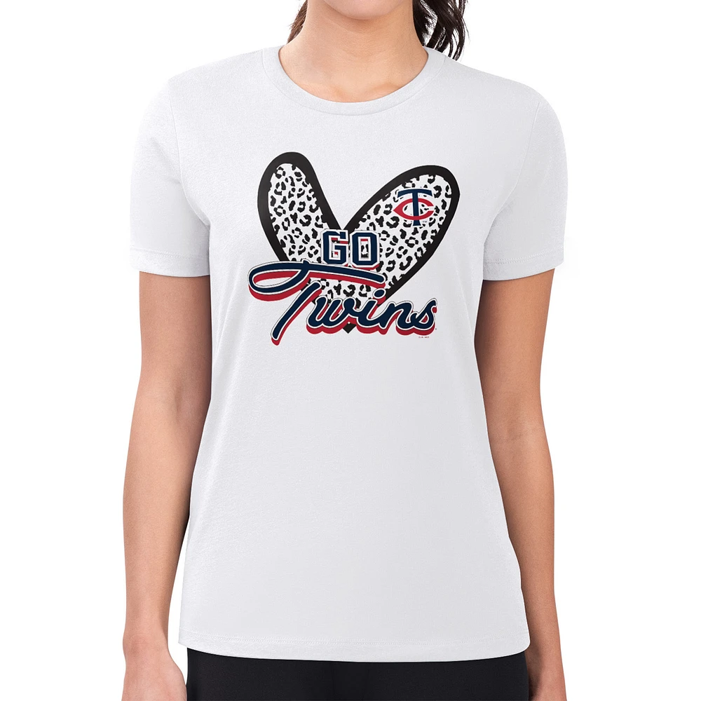 Women's G-III 4Her by Carl Banks White Minnesota Twins Super-Slim Fit Lightweight Leopard Heart T-Shirt