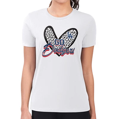 Women's G-III 4Her by Carl Banks White Los Angeles Dodgers Super-Slim Fit Lightweight Leopard Heart T-Shirt
