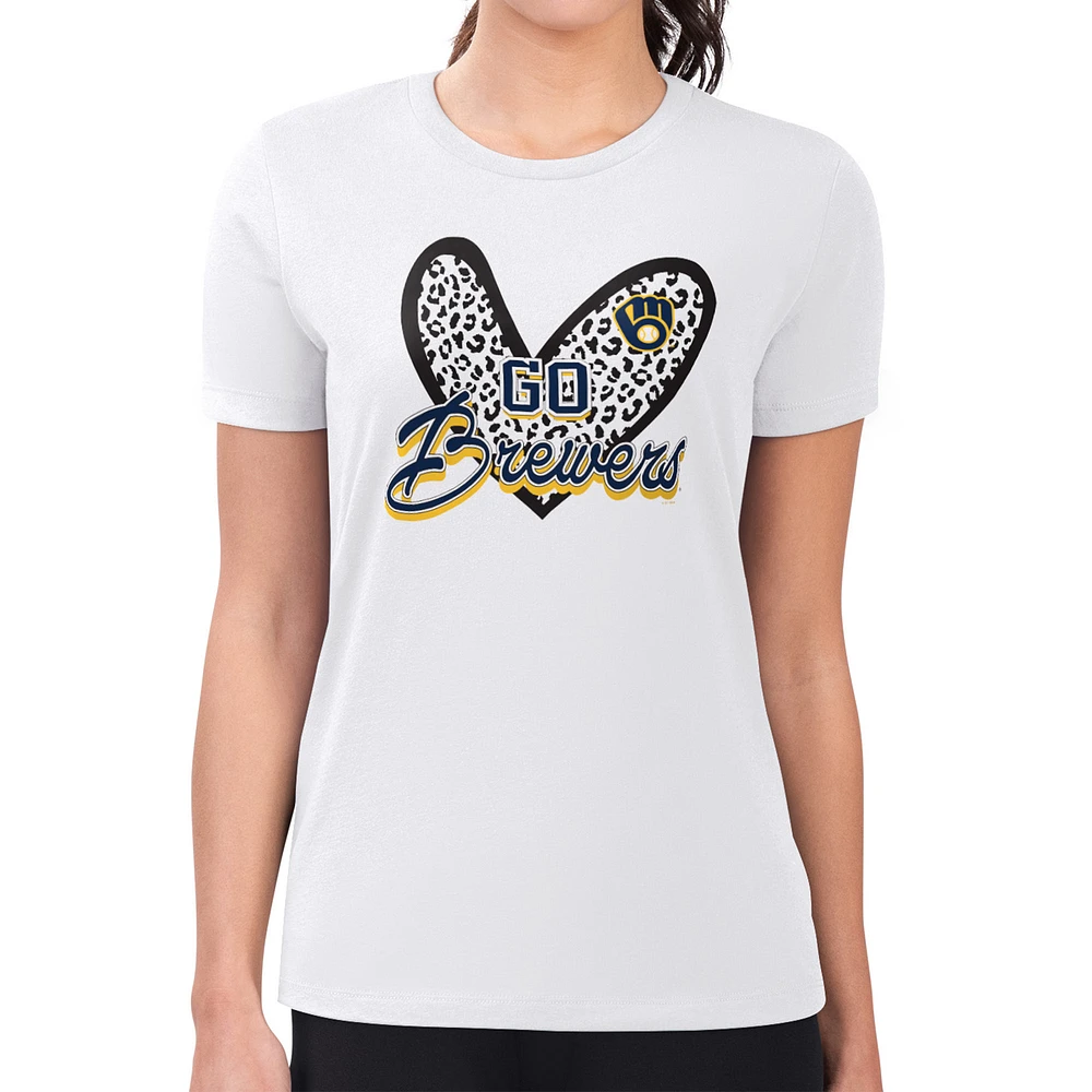 Women's G-III 4Her by Carl Banks White Milwaukee Brewers Super-Slim Fit Lightweight Leopard Heart T-Shirt
