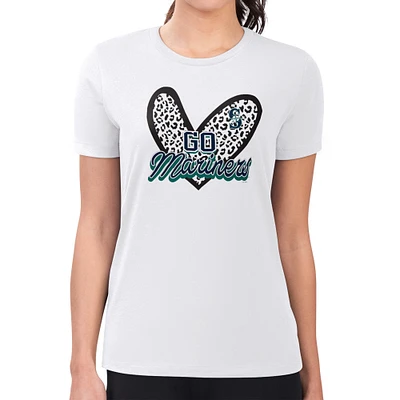 Women's G-III 4Her by Carl Banks White Seattle Mariners Super-Slim Fit Lightweight Leopard Heart T-Shirt