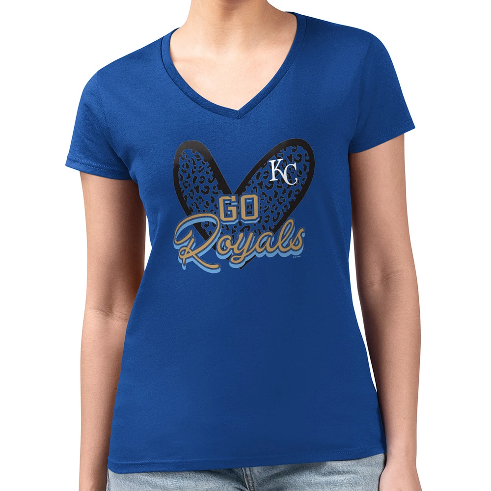 Women's G-III 4Her by Carl Banks Royal Kansas City Royals Super-Slim Fit Lightweight Leopard Heart V-Neck T-Shirt