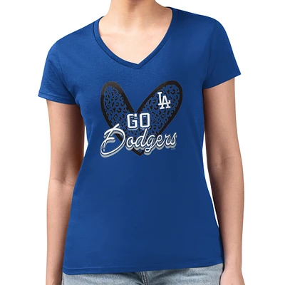 Women's G-III 4Her by Carl Banks Royal Los Angeles Dodgers Super-Slim Fit Lightweight Leopard Heart V-Neck T-Shirt