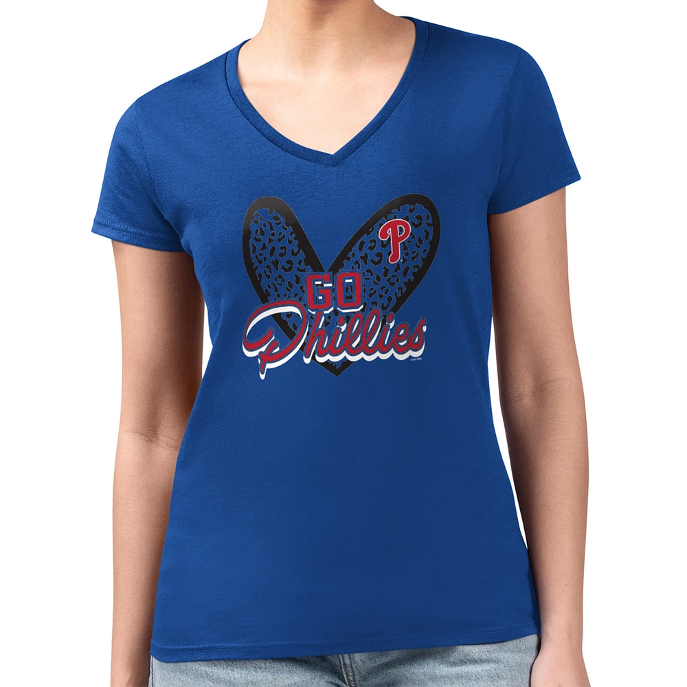 Women's G-III 4Her by Carl Banks Royal Philadelphia Phillies Super-Slim Fit Lightweight Leopard Heart V-Neck T-Shirt