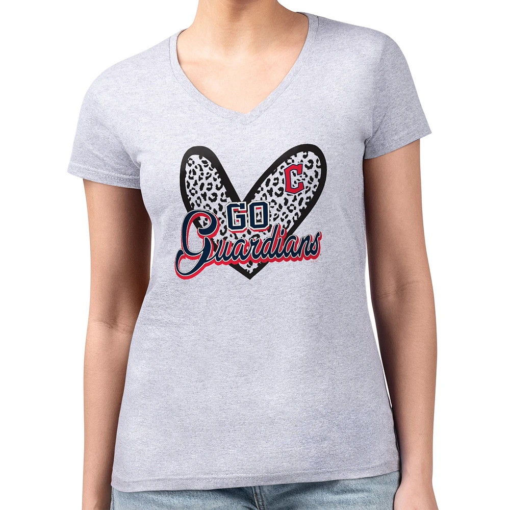 Women's G-III 4Her by Carl Banks Heather Gray Cleveland Guardians Super-Slim Fit Lightweight Leopard Heart V-Neck T-Shirt
