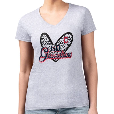 Women's G-III 4Her by Carl Banks Heather Gray Cleveland Guardians Super-Slim Fit Lightweight Leopard Heart V-Neck T-Shirt