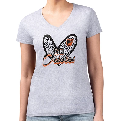 Women's G-III 4Her by Carl Banks Heather Gray Baltimore Orioles Super-Slim Fit Lightweight Leopard Heart V-Neck T-Shirt