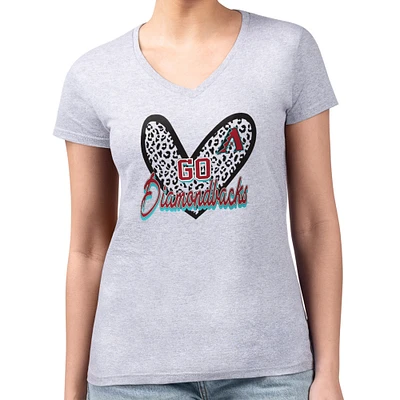 Women's G-III 4Her by Carl Banks Heather Gray Arizona Diamondbacks Super-Slim Fit Lightweight Leopard Heart V-Neck T-Shirt