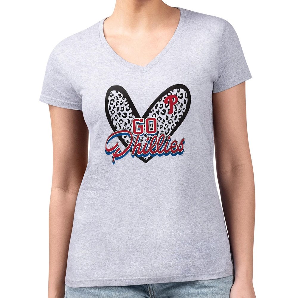 Women's G-III 4Her by Carl Banks Heather Gray Philadelphia Phillies Super-Slim Fit Lightweight Leopard Heart V-Neck T-Shirt