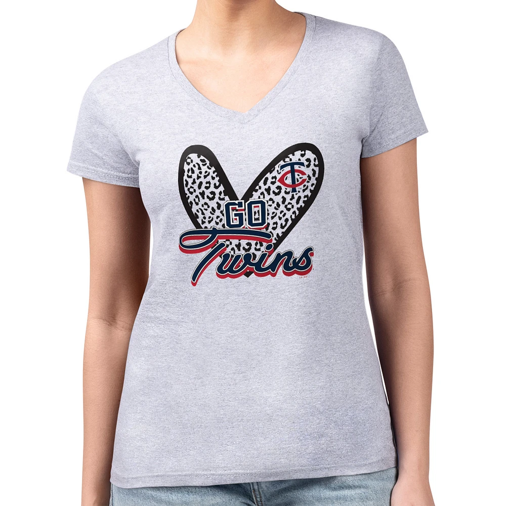 Women's G-III 4Her by Carl Banks Heather Gray Minnesota Twins Super-Slim Fit Lightweight Leopard Heart V-Neck T-Shirt