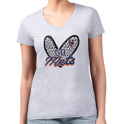 Women's G-III 4Her by Carl Banks Heather Gray New York Mets Super-Slim Fit Lightweight Leopard Heart V-Neck T-Shirt
