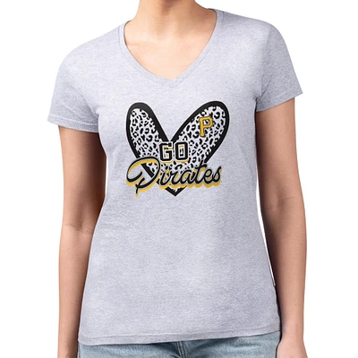 Women's G-III 4Her by Carl Banks Heather Gray Pittsburgh Pirates Super-Slim Fit Lightweight Leopard Heart V-Neck T-Shirt