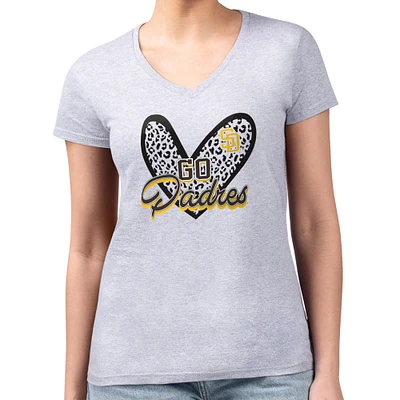 Women's G-III 4Her by Carl Banks Heather Gray San Diego Padres Super-Slim Fit Lightweight Leopard Heart V-Neck T-Shirt