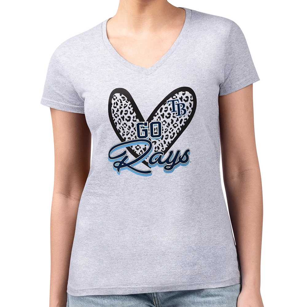 Women's G-III 4Her by Carl Banks Heather Gray Tampa Bay Rays Super-Slim Fit Lightweight Leopard Heart V-Neck T-Shirt