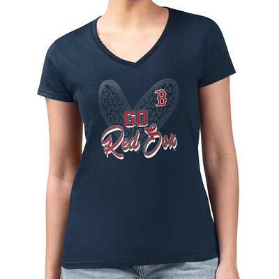 Women's G-III 4Her by Carl Banks Navy Boston Red Sox Super-Slim Fit Lightweight Leopard Heart V-Neck T-Shirt
