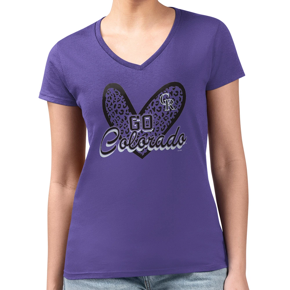 Women's G-III 4Her by Carl Banks Colorado Rockies Super-Slim Fit Lightweight Leopard Heart V-Neck T-Shirt