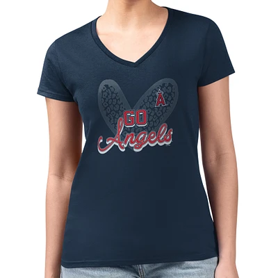 Women's G-III 4Her by Carl Banks Navy Los Angeles Angels Super-Slim Fit Lightweight Leopard Heart V-Neck T-Shirt