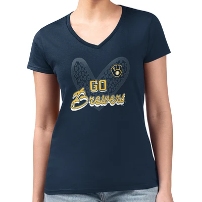 Women's G-III 4Her by Carl Banks Navy Milwaukee Brewers Super-Slim Fit Lightweight Leopard Heart V-Neck T-Shirt