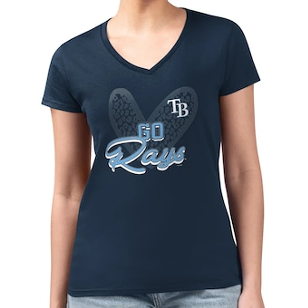 Women's G-III 4Her by Carl Banks Navy Tampa Bay Rays Super-Slim Fit Lightweight Leopard Heart V-Neck T-Shirt