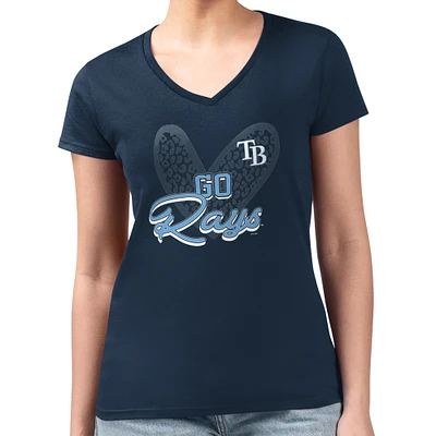 Women's G-III 4Her by Carl Banks Navy Tampa Bay Rays Super-Slim Fit Lightweight Leopard Heart V-Neck T-Shirt