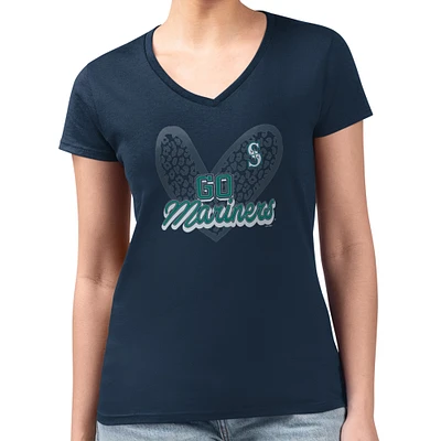 Women's G-III 4Her by Carl Banks Navy Seattle Mariners Super-Slim Fit Lightweight Leopard Heart V-Neck T-Shirt