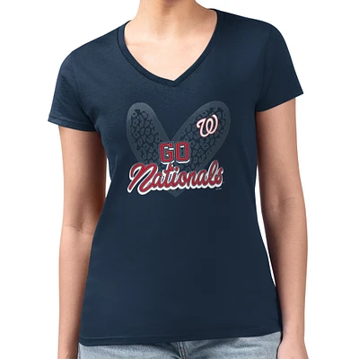 Women's G-III 4Her by Carl Banks Navy Washington Nationals Super-Slim Fit Lightweight Leopard Heart V-Neck T-Shirt