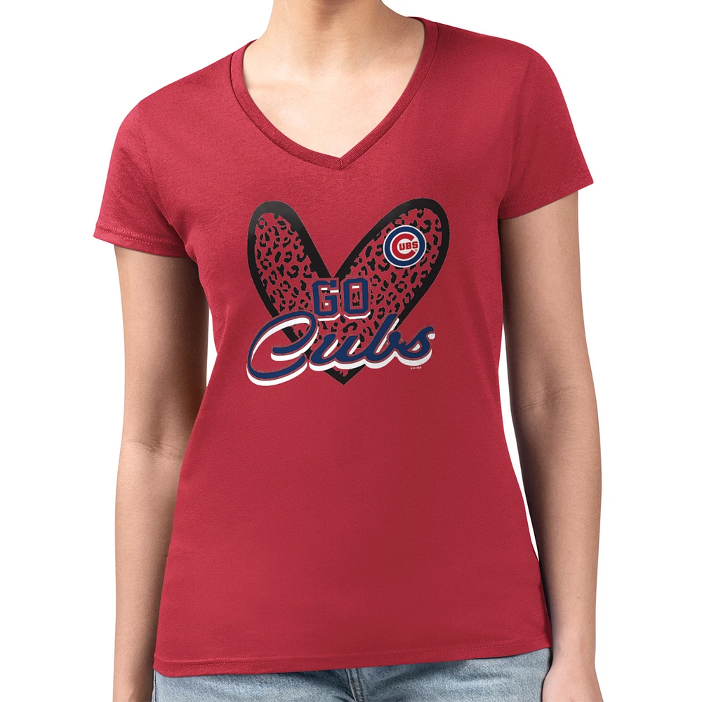 Women's G-III 4Her by Carl Banks Chicago Cubs Super-Slim Fit Lightweight Leopard Heart V-Neck T-Shirt