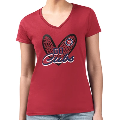 Women's G-III 4Her by Carl Banks Chicago Cubs Super-Slim Fit Lightweight Leopard Heart V-Neck T-Shirt