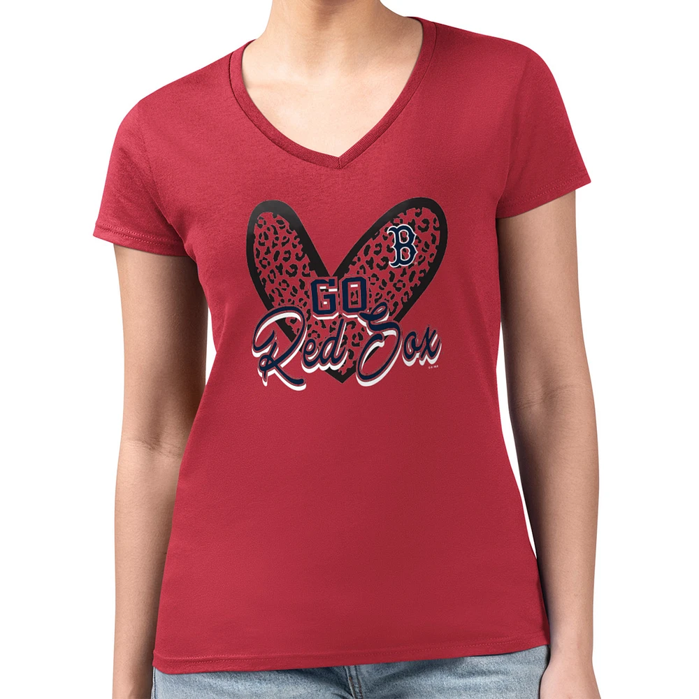 Women's G-III 4Her by Carl Banks Red Boston Red Sox Super-Slim Fit Lightweight Leopard Heart V-Neck T-Shirt