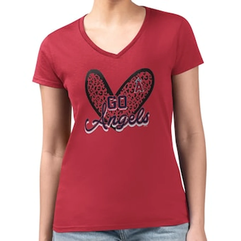 Women's G-III 4Her by Carl Banks Los Angeles Angels Super-Slim Fit Lightweight Leopard Heart V-Neck T-Shirt