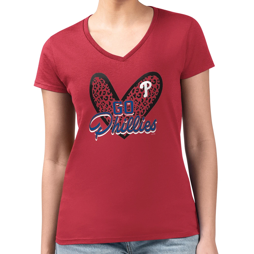 Women's G-III 4Her by Carl Banks Philadelphia Phillies Super-Slim Fit Lightweight Leopard Heart V-Neck T-Shirt