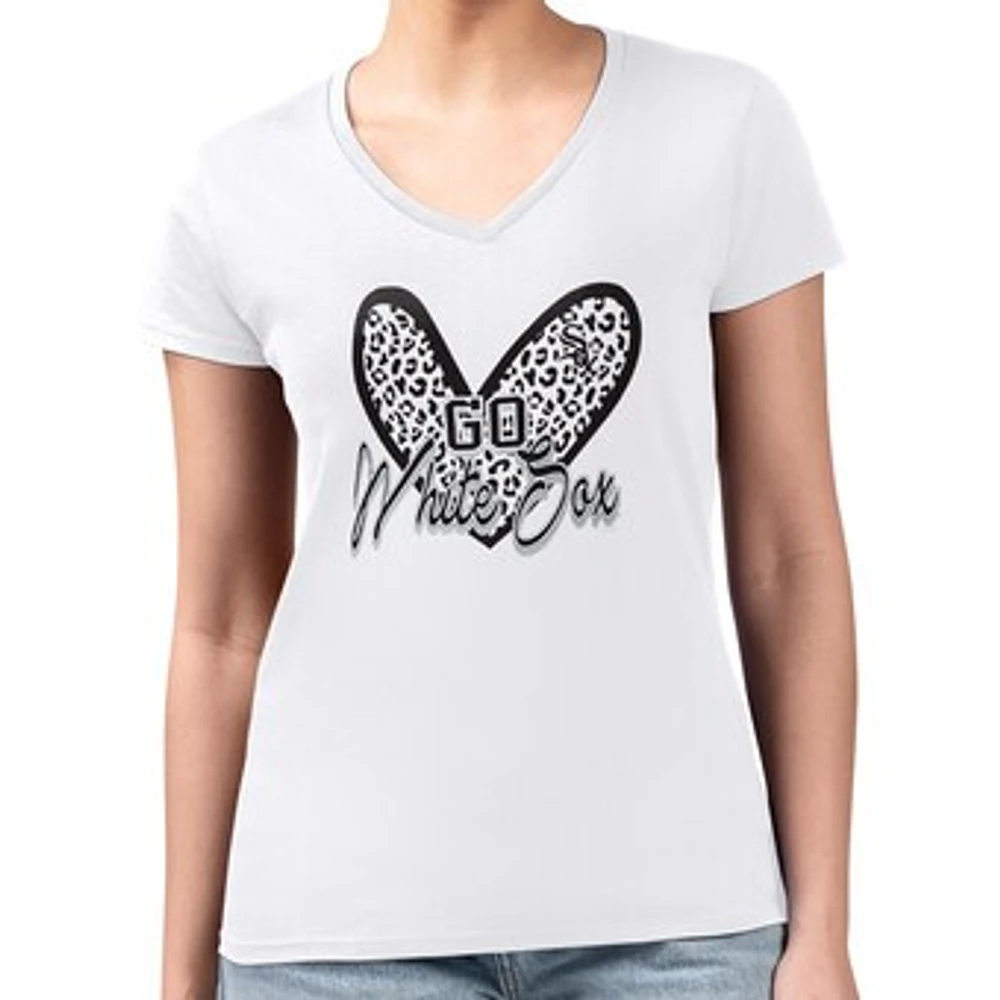 Women's G-III 4Her by Carl Banks White Chicago Sox Super-Slim Fit Lightweight Leopard Heart V-Neck T-Shirt