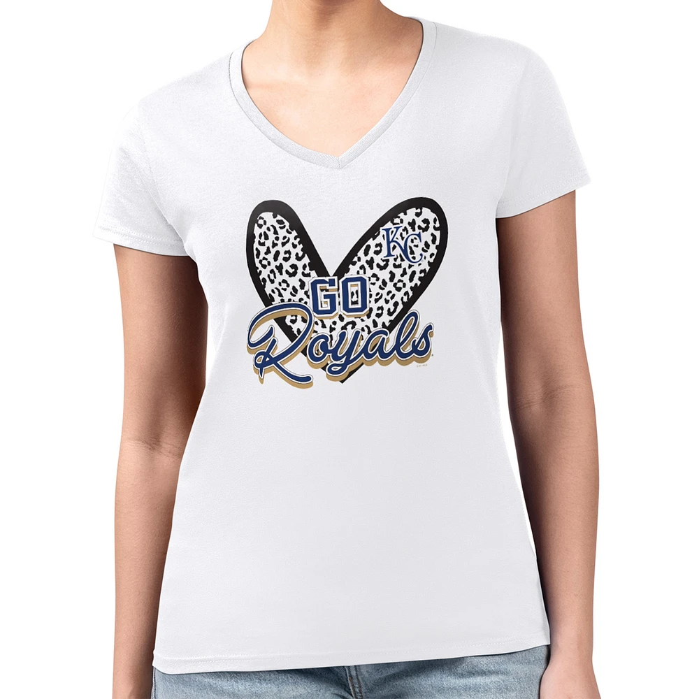 Women's G-III 4Her by Carl Banks White Kansas City Royals Super-Slim Fit Lightweight Leopard Heart V-Neck T-Shirt