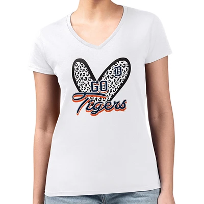 Women's G-III 4Her by Carl Banks White Detroit Tigers Super-Slim Fit Lightweight Leopard Heart V-Neck T-Shirt