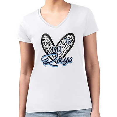 Women's G-III 4Her by Carl Banks White Tampa Bay Rays Super-Slim Fit Lightweight Leopard Heart V-Neck T-Shirt