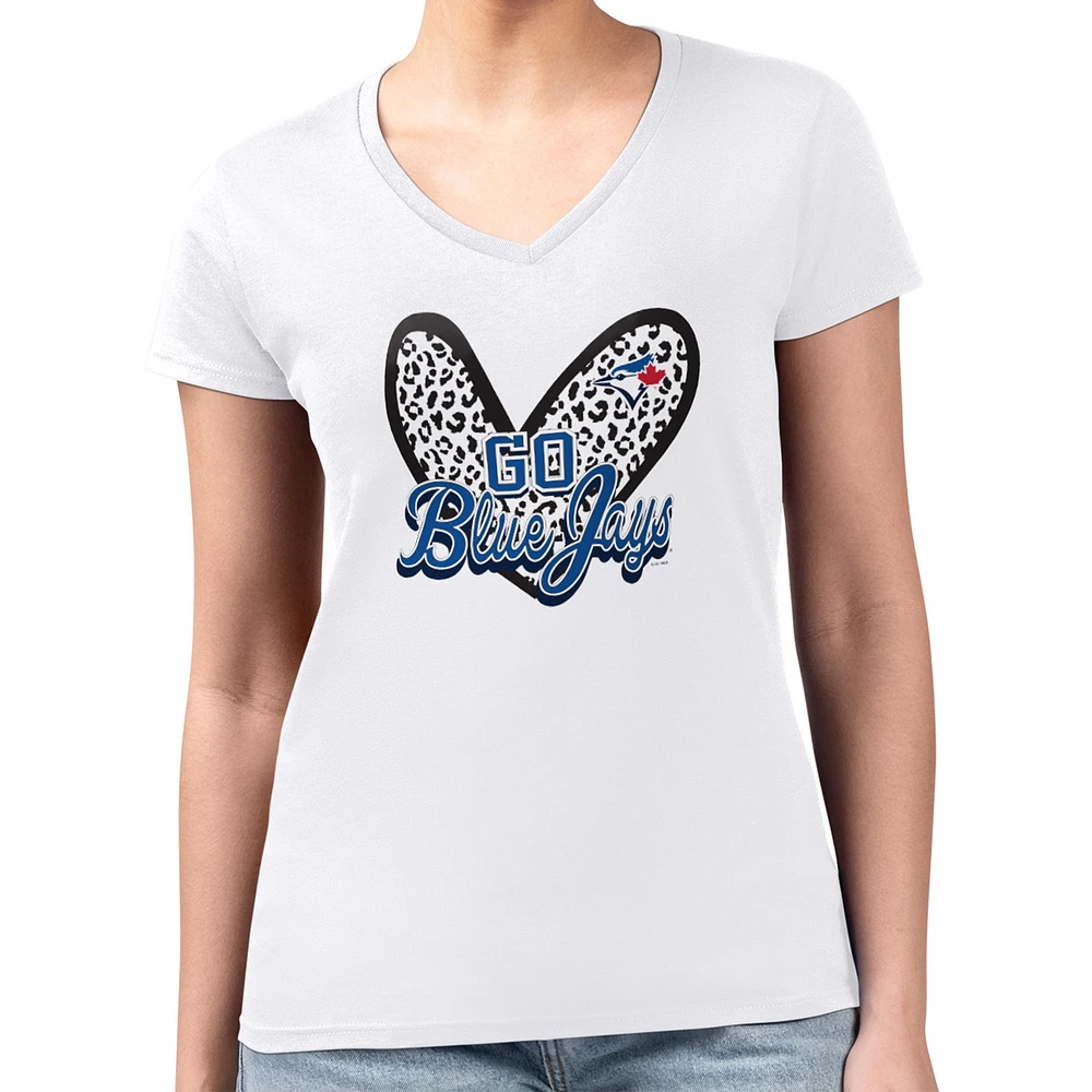 Women's G-III 4Her by Carl Banks White Toronto Blue Jays Super-Slim Fit Lightweight Leopard Heart V-Neck T-Shirt