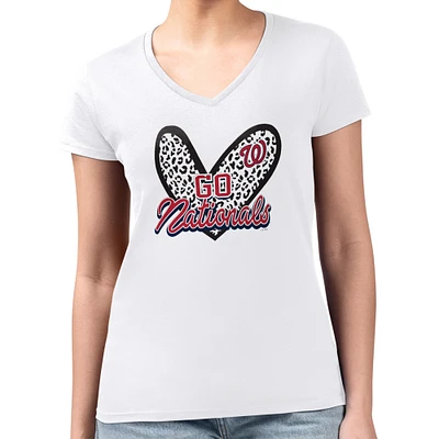 Women's G-III 4Her by Carl Banks White Washington Nationals Super-Slim Fit Lightweight Leopard Heart V-Neck T-Shirt