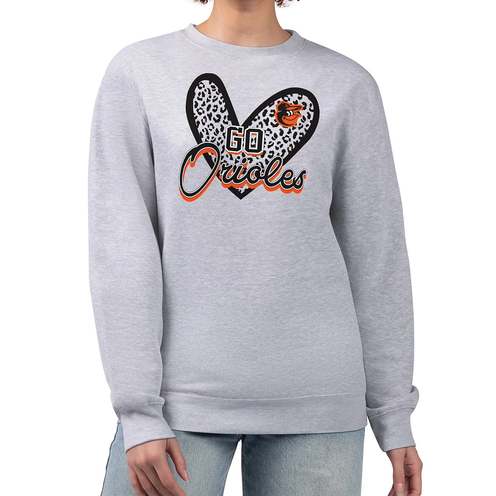 Women's G-III 4Her by Carl Banks Heather Gray Baltimore Orioles Leopard Heart Pullover Sweatshirt