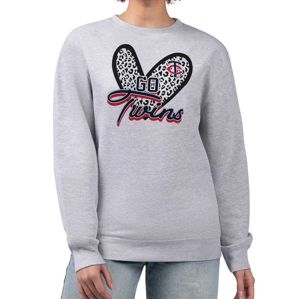 Women's G-III 4Her by Carl Banks Heather Gray Minnesota Twins Leopard Heart Pullover Sweatshirt